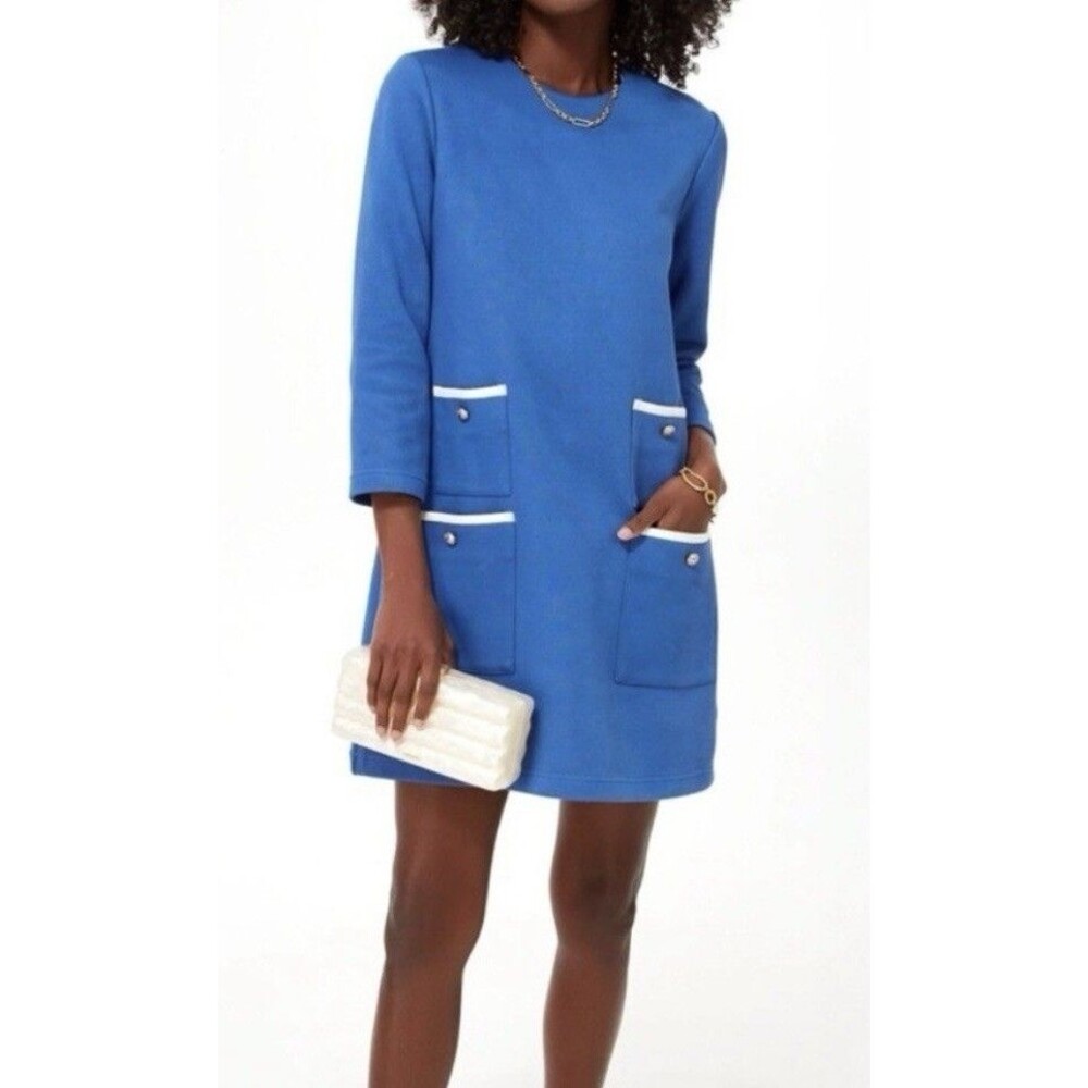 Tuckernuck Baleine Blue Francoise Mod Mini Dress Pockets 3/4 Sleeve Shift NWT L